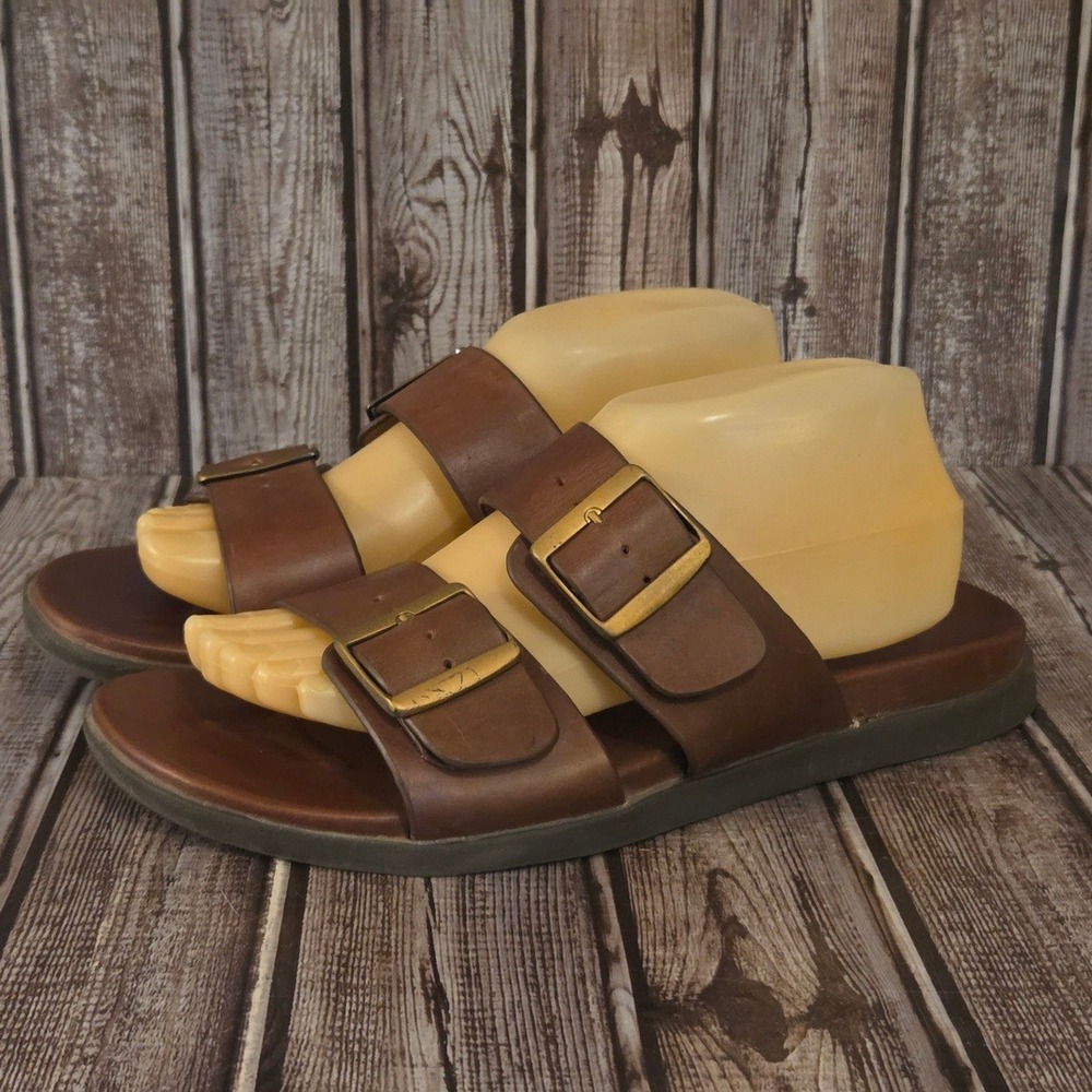 Sz 9 Mens Vionic Charlie Brown Leather Dual Strap Buckle Slides Sandals VGUC